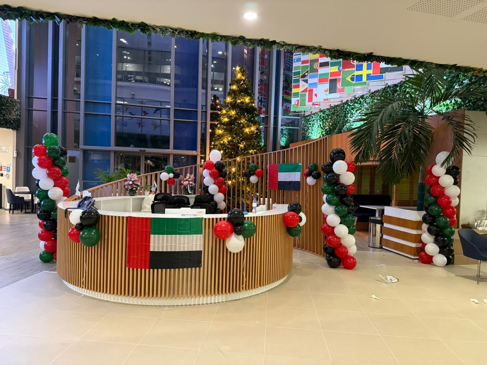 Reception balloon styling for corporate lobby